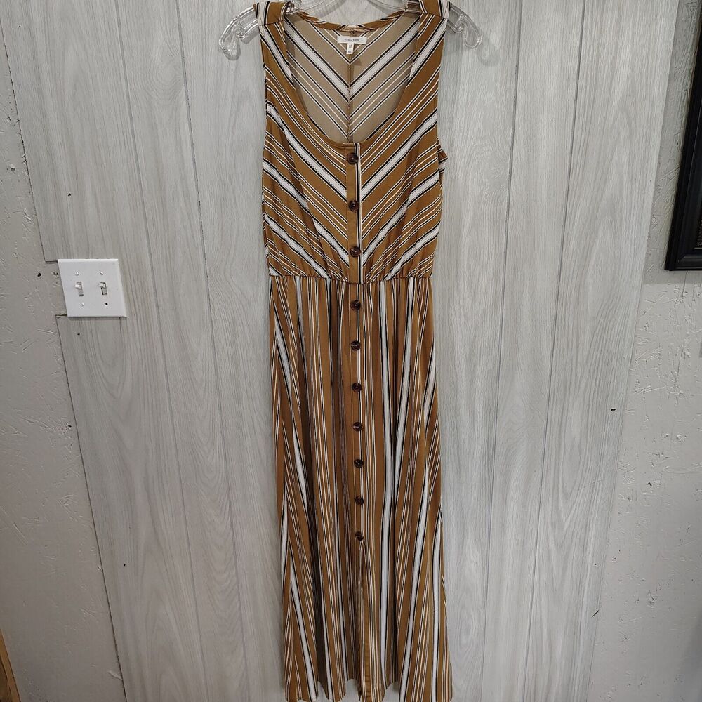 Maurices Womens Sleeveless Long Maxi Dress Gold Striped Button Up Size XS
